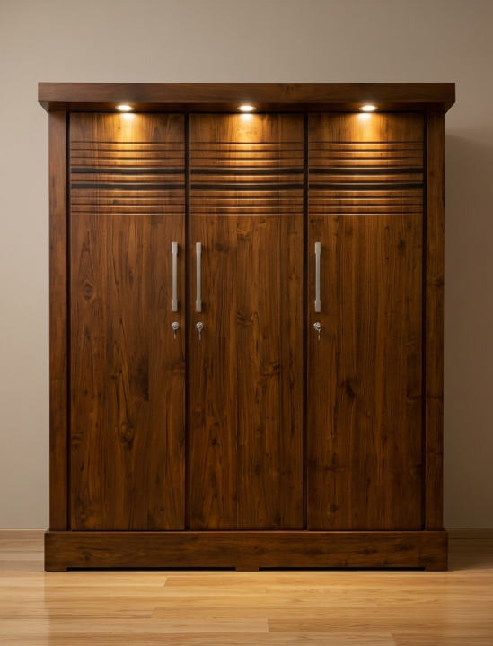 THREE-DOOR TEAK WOOD WARDROBE